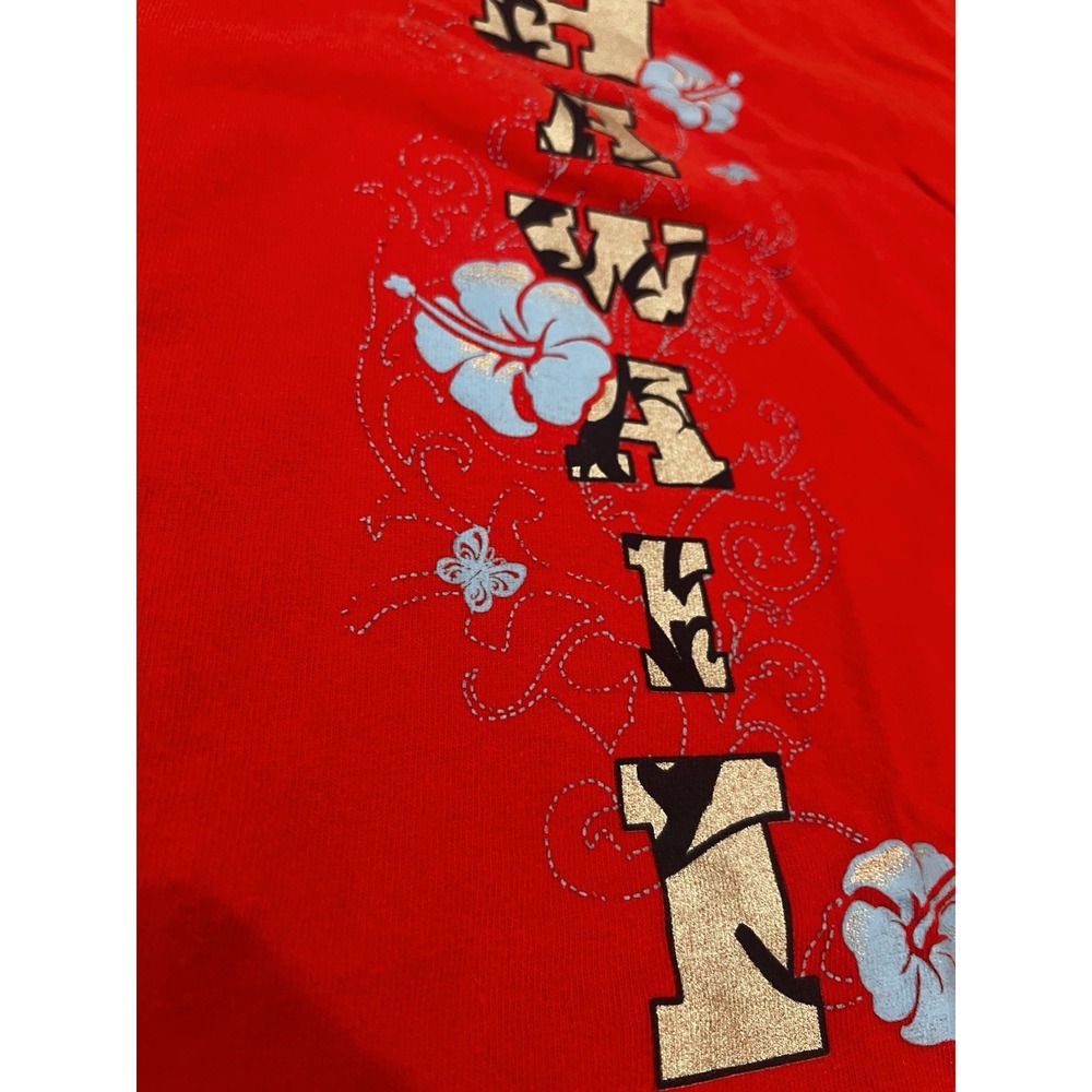 Vintage Y2k Hawaii Tribal Floral Metallic Graphic T-Shirt Red Large - Picture 3 of 5